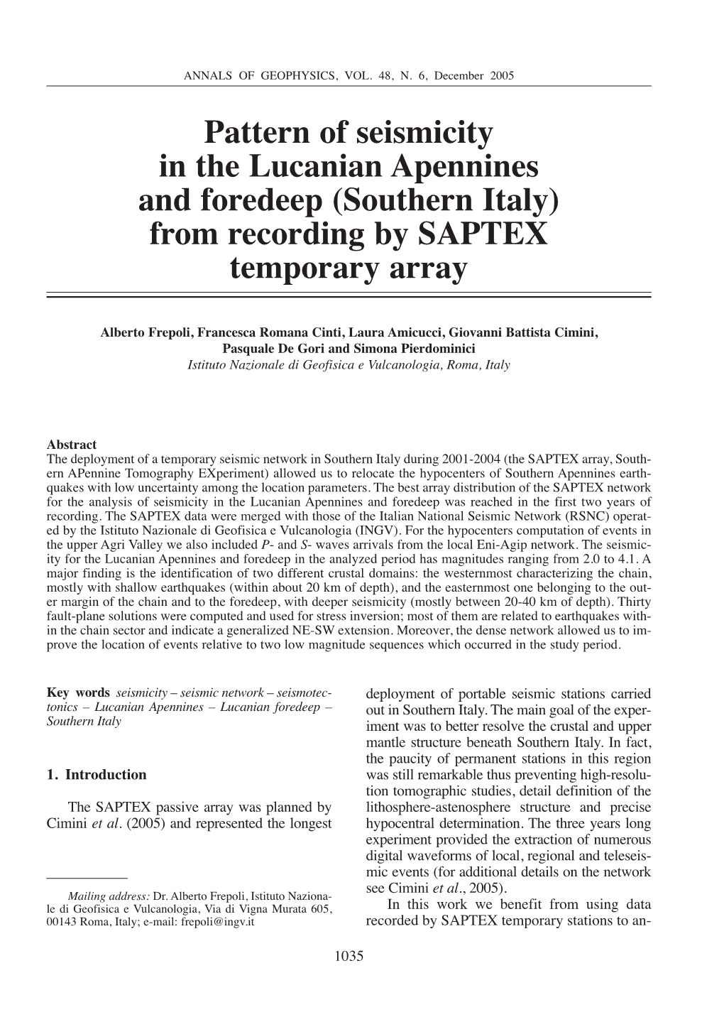 Pattern of Seismicity in the Lucanian Apennines and Foredeep (Southern Italy) from Recording by SAPTEX Temporary Array