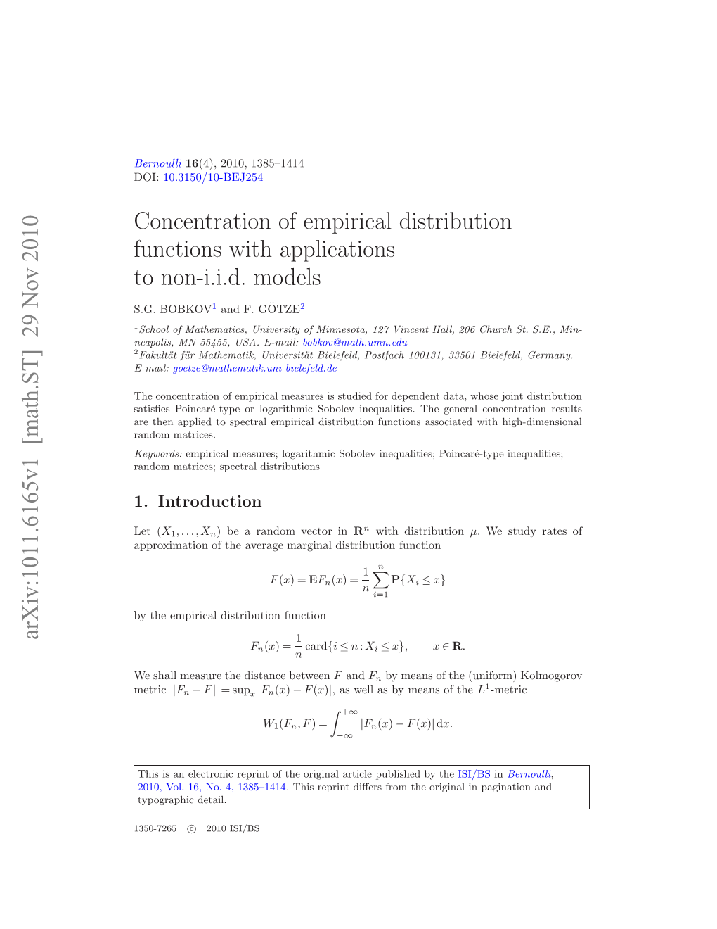 Concentration of Empirical Distribution Functions with Applications to Non