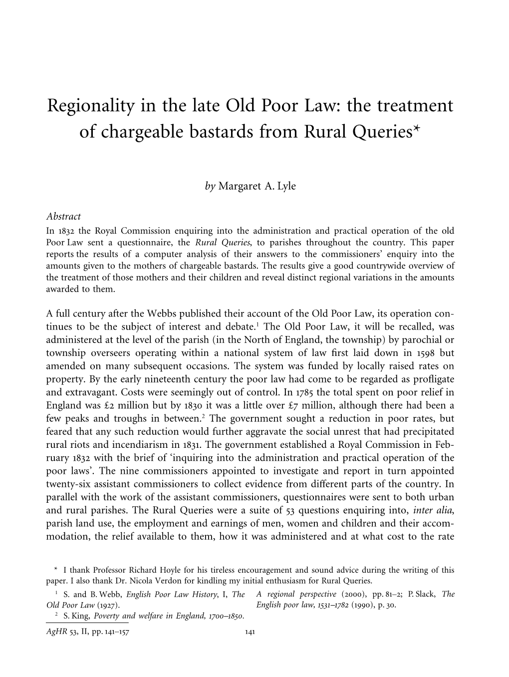 Regionality in the Late Old Poor Law: the Treatment of Chargeable Bastards from Rural Queries*