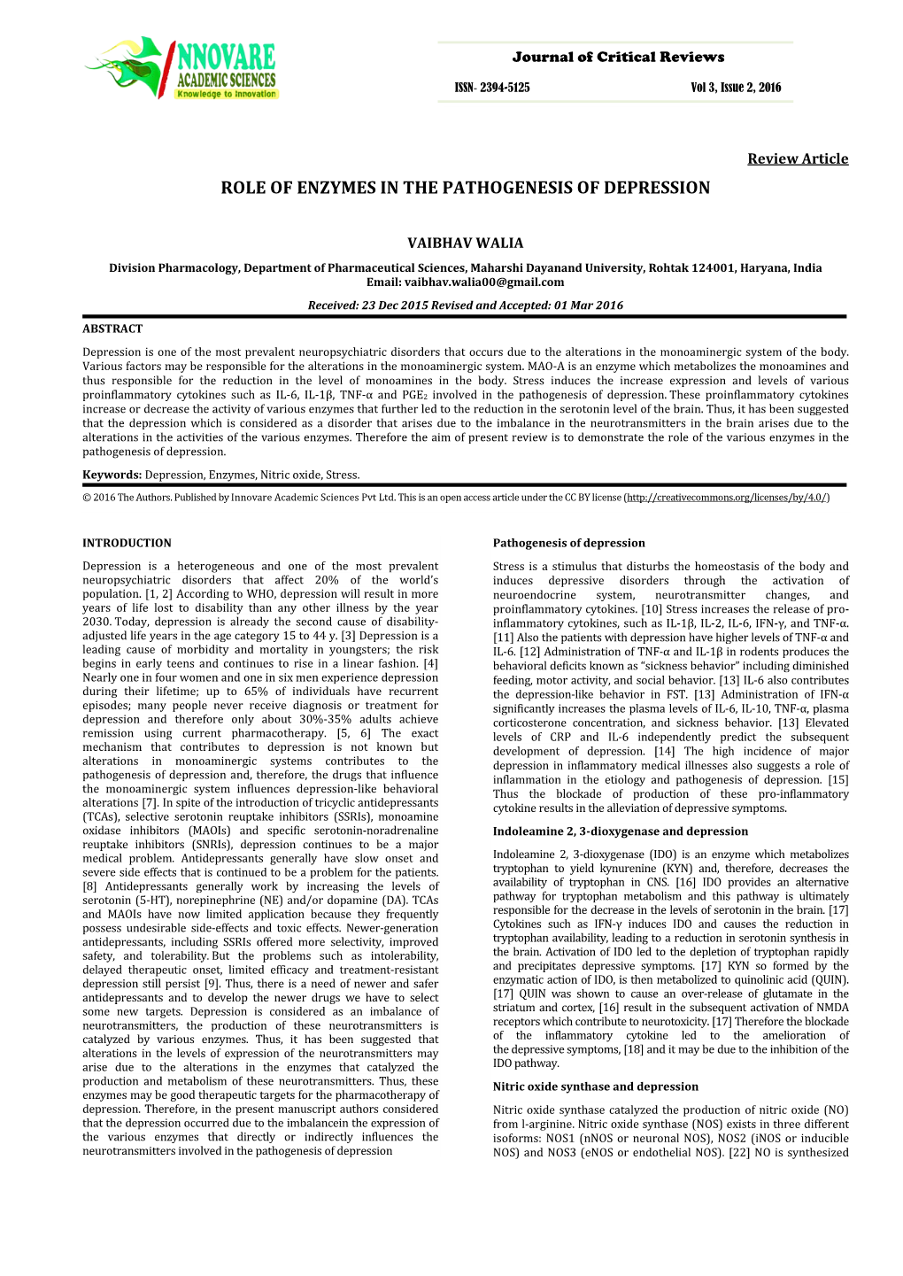 Role of Enzymes in the Pathogenesis of Depression