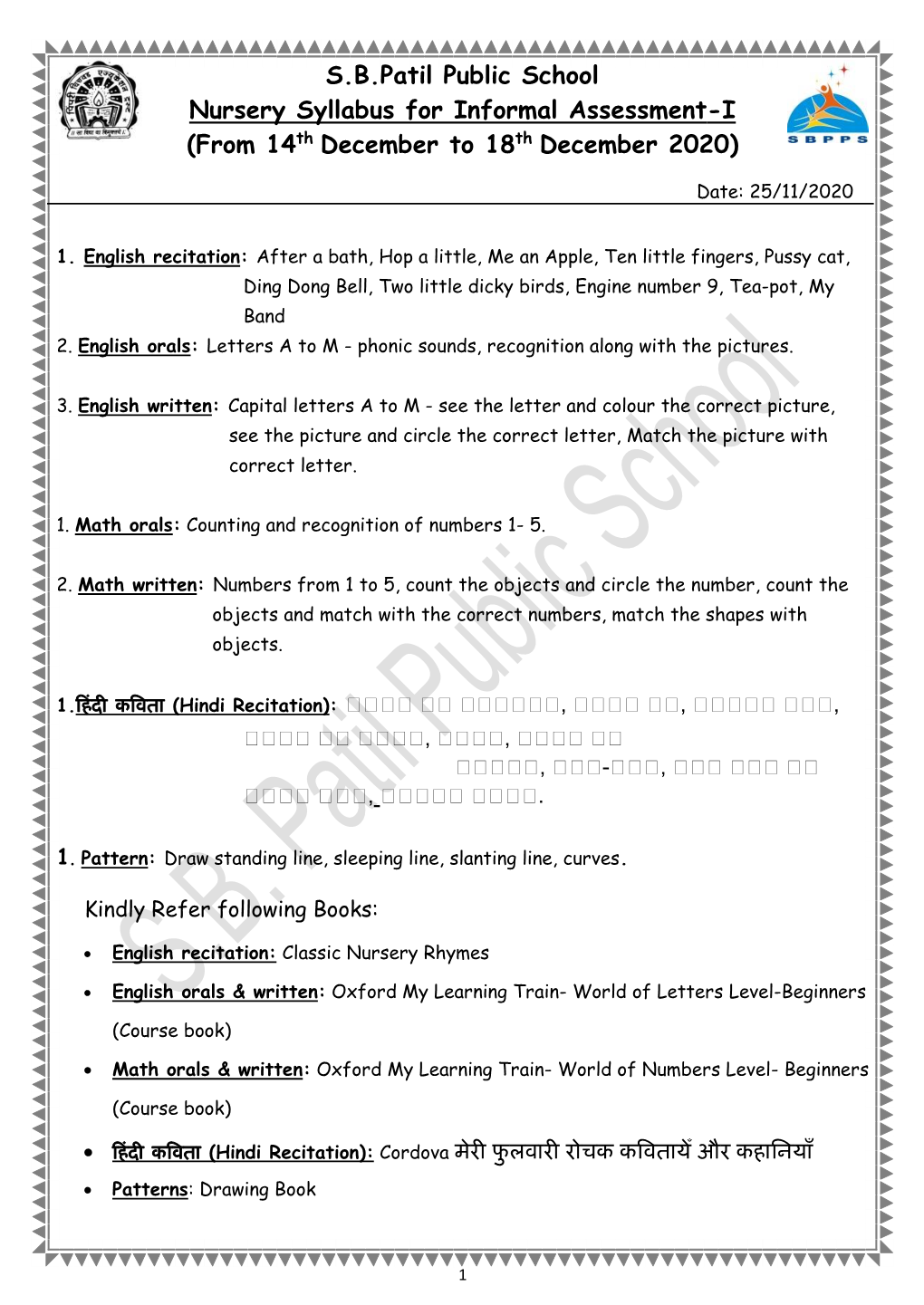 Sbpatil Public School Nursery Syllabus for Informal Assessment-I