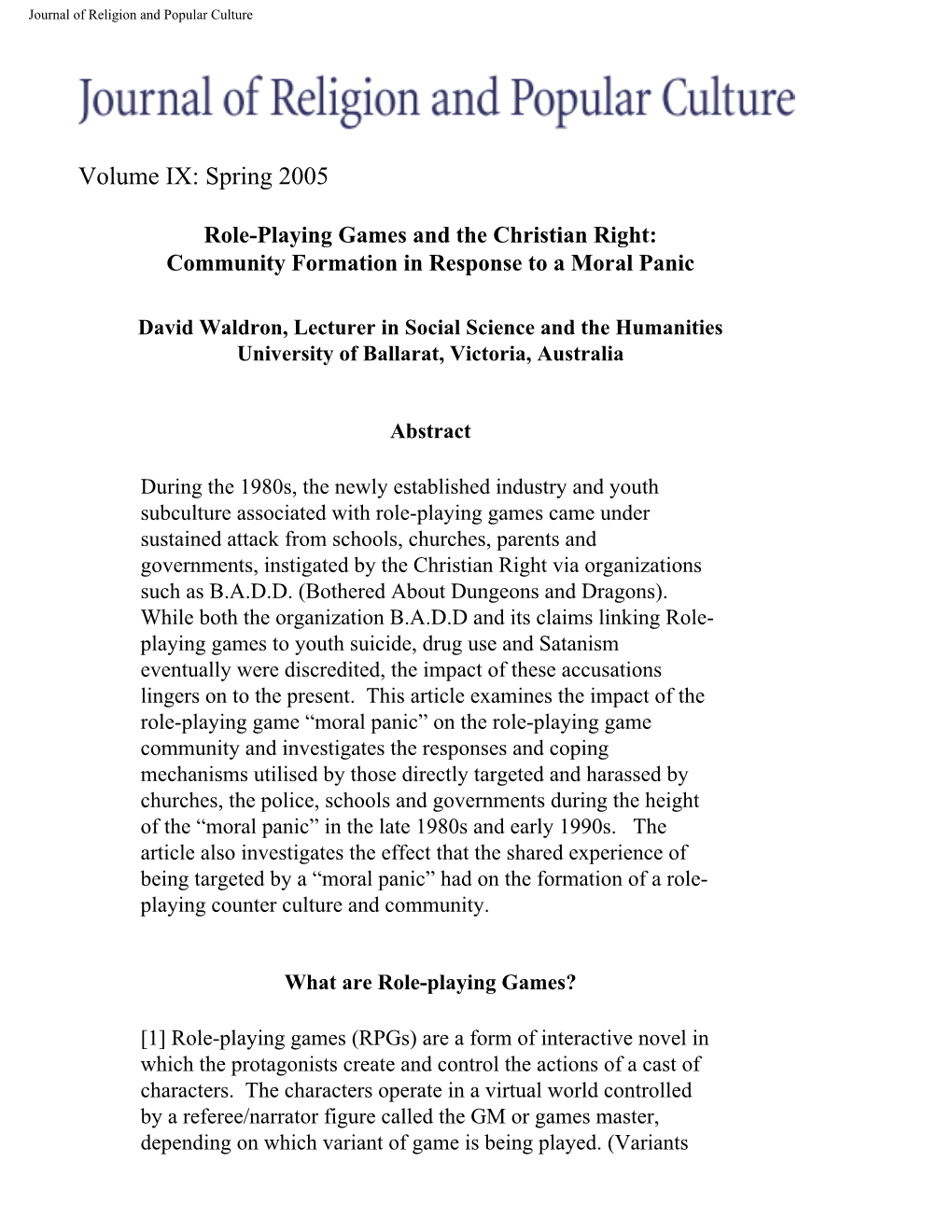 Role-Playing Games and the Christian Right: Community Formation in Response to a Moral Panic