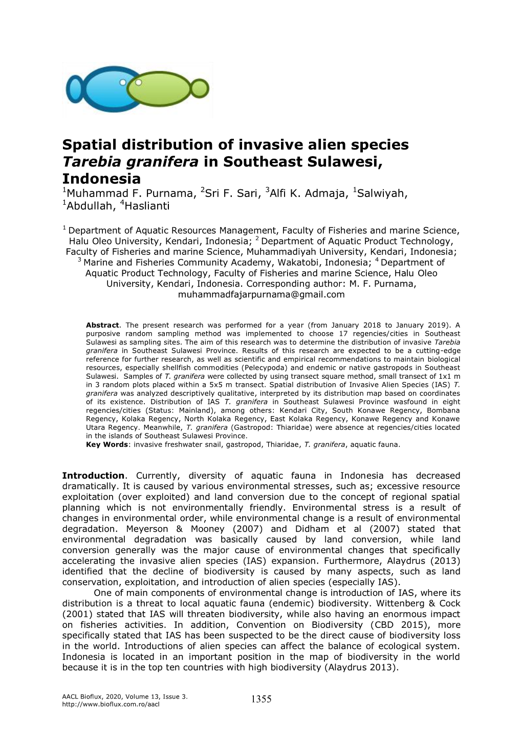 Spatial Distribution of Invasive Alien Species Tarebia Granifera in Southeast Sulawesi, Indonesia 1Muhammad F