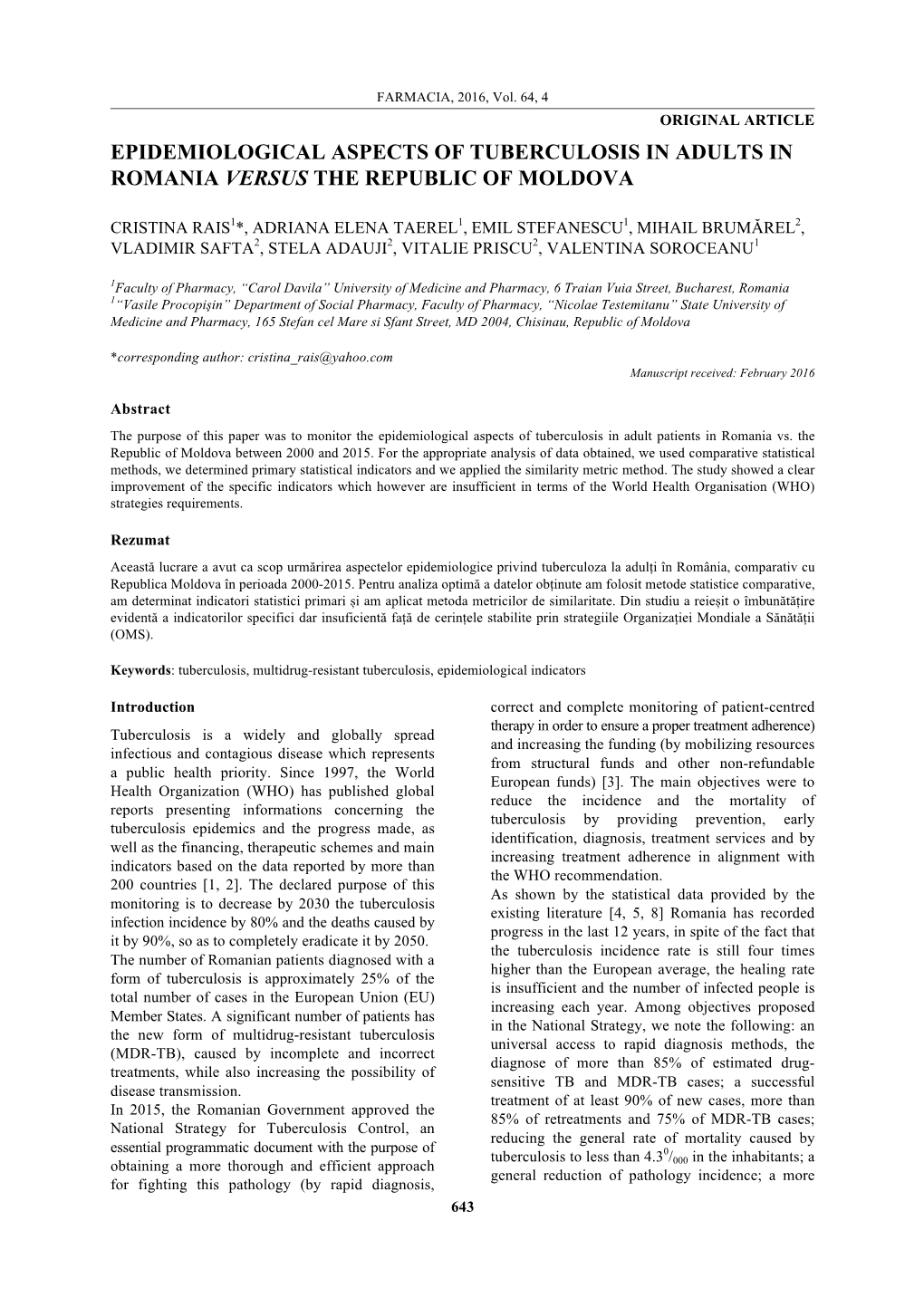 Epidemiological Aspects of Tuberculosis in Adults in Romania Versus the Republic of Moldova