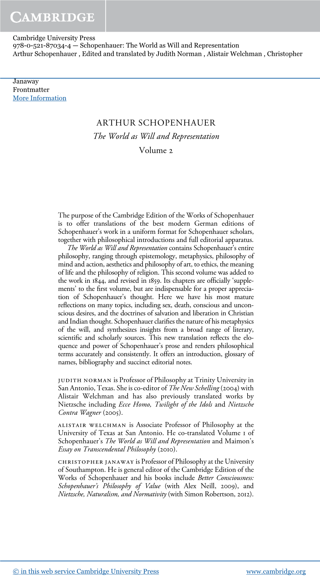 ARTHUR SCHOPENHAUER the World As Will and Representation Volume 2