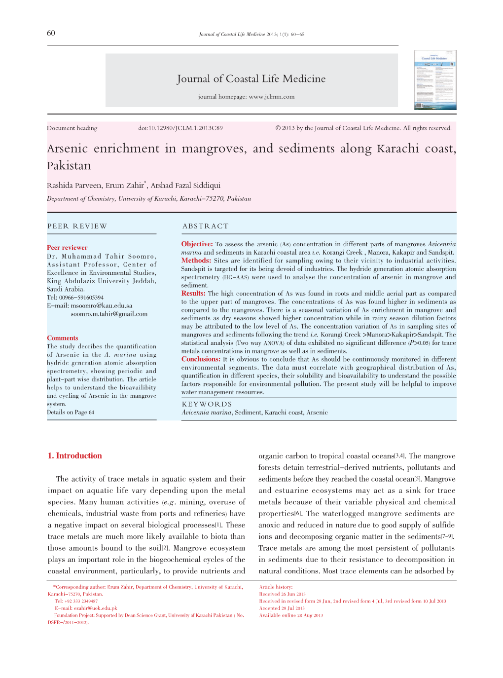 Arsenic Enrichment in Mangroves, and Sediments Along Karachi Coast, Pakistan