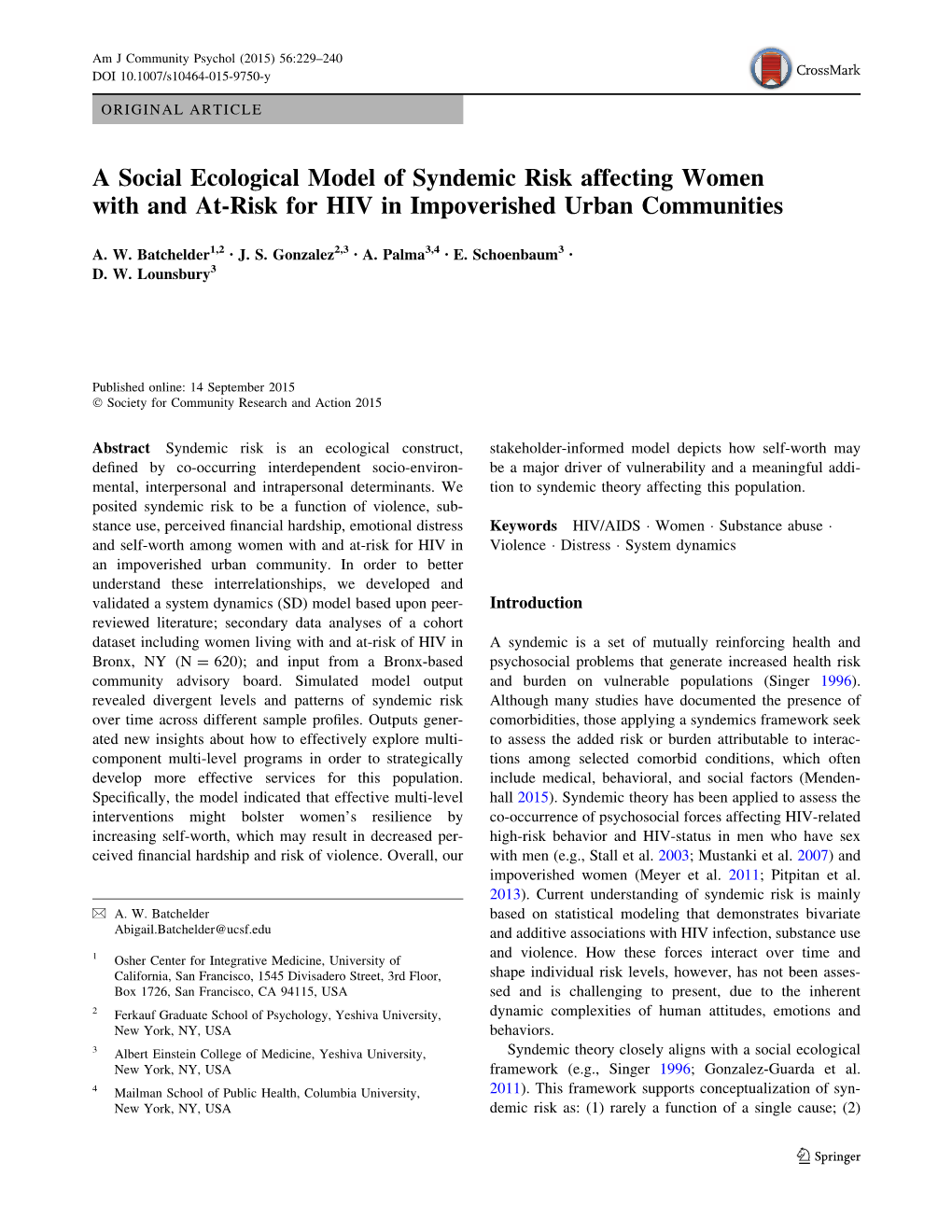 A Social Ecological Model of Syndemic Risk Affecting Women with and At-Risk for HIV in Impoverished Urban Communities