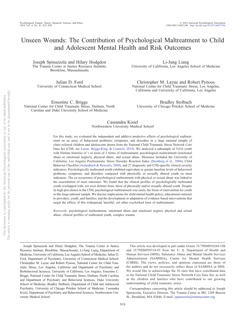 Unseen Wounds: the Contribution of Psychological Maltreatment to Child and Adolescent Mental Health and Risk Outcomes