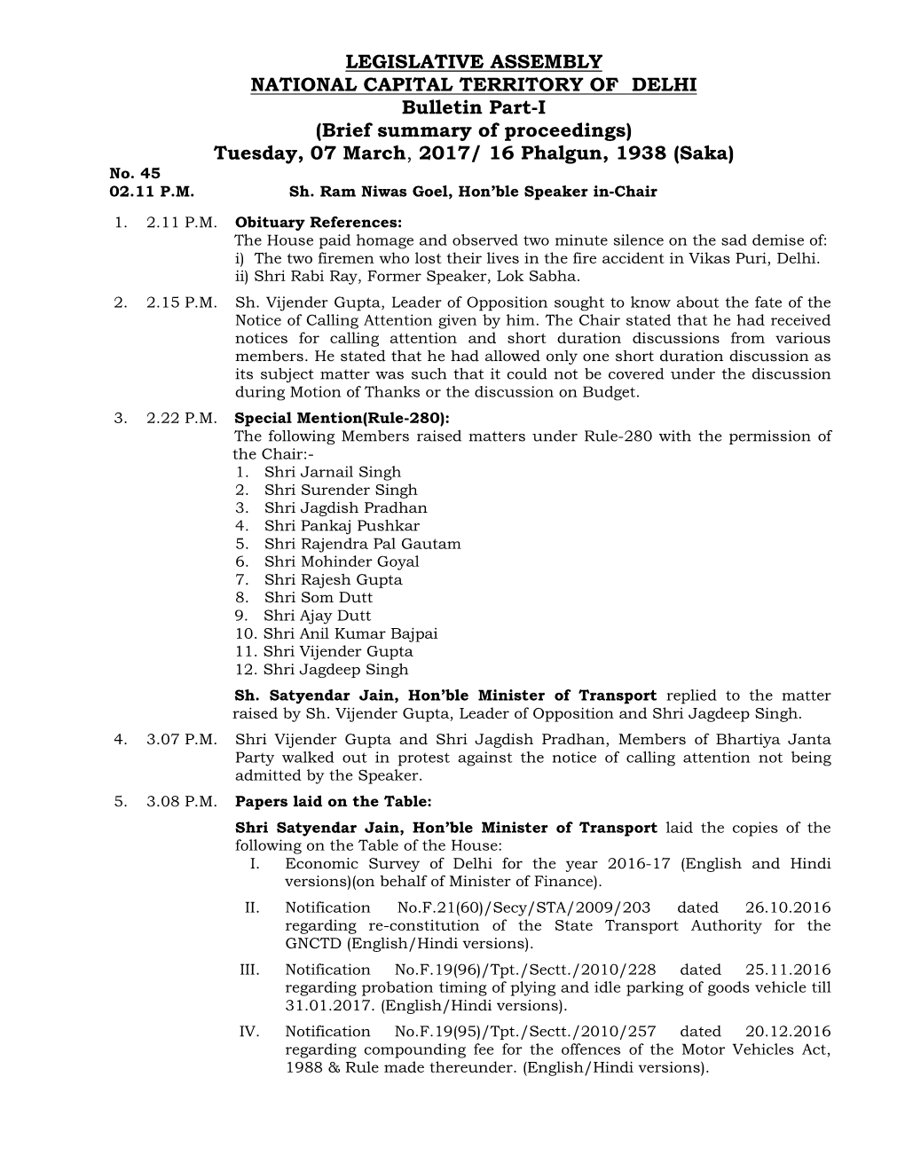 LEGISLATIVE ASSEMBLY NATIONAL CAPITAL TERRITORY of DELHI Bulletin Part-I (Brief Summary of Proceedings) Tuesday, 07 March , 2017/ 16 Phalgun, 1938 (Saka) No