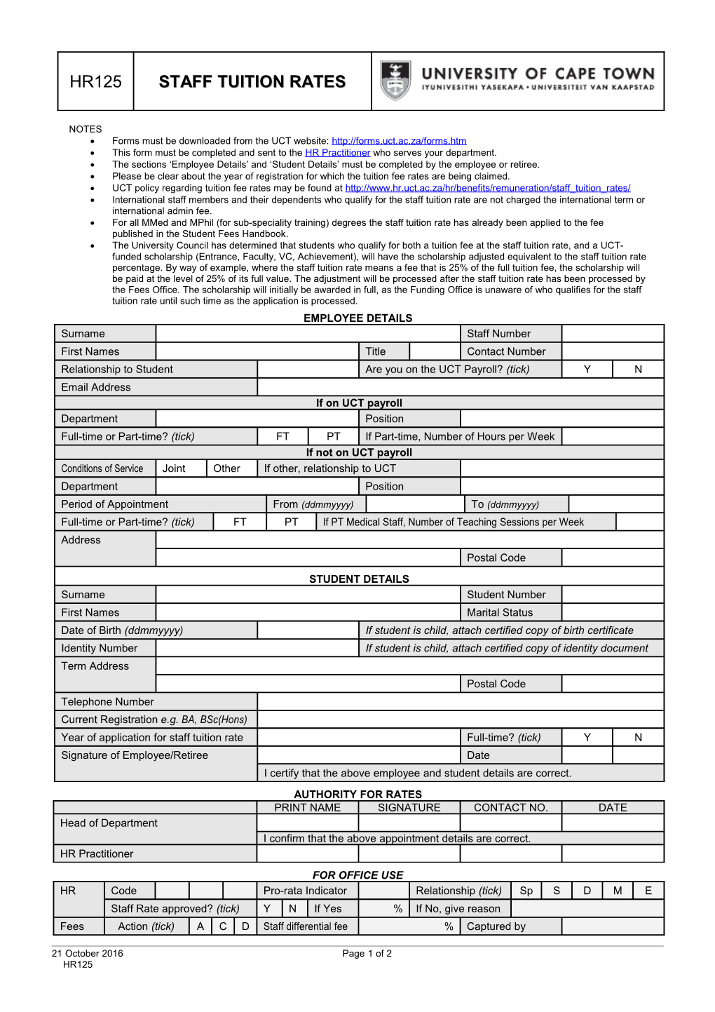 Staff Tuition Fee Rates