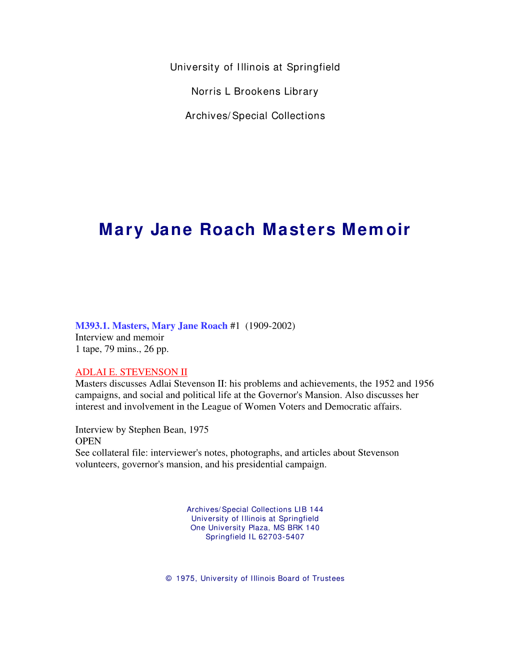 Mary Jane Roach Masters Memoir
