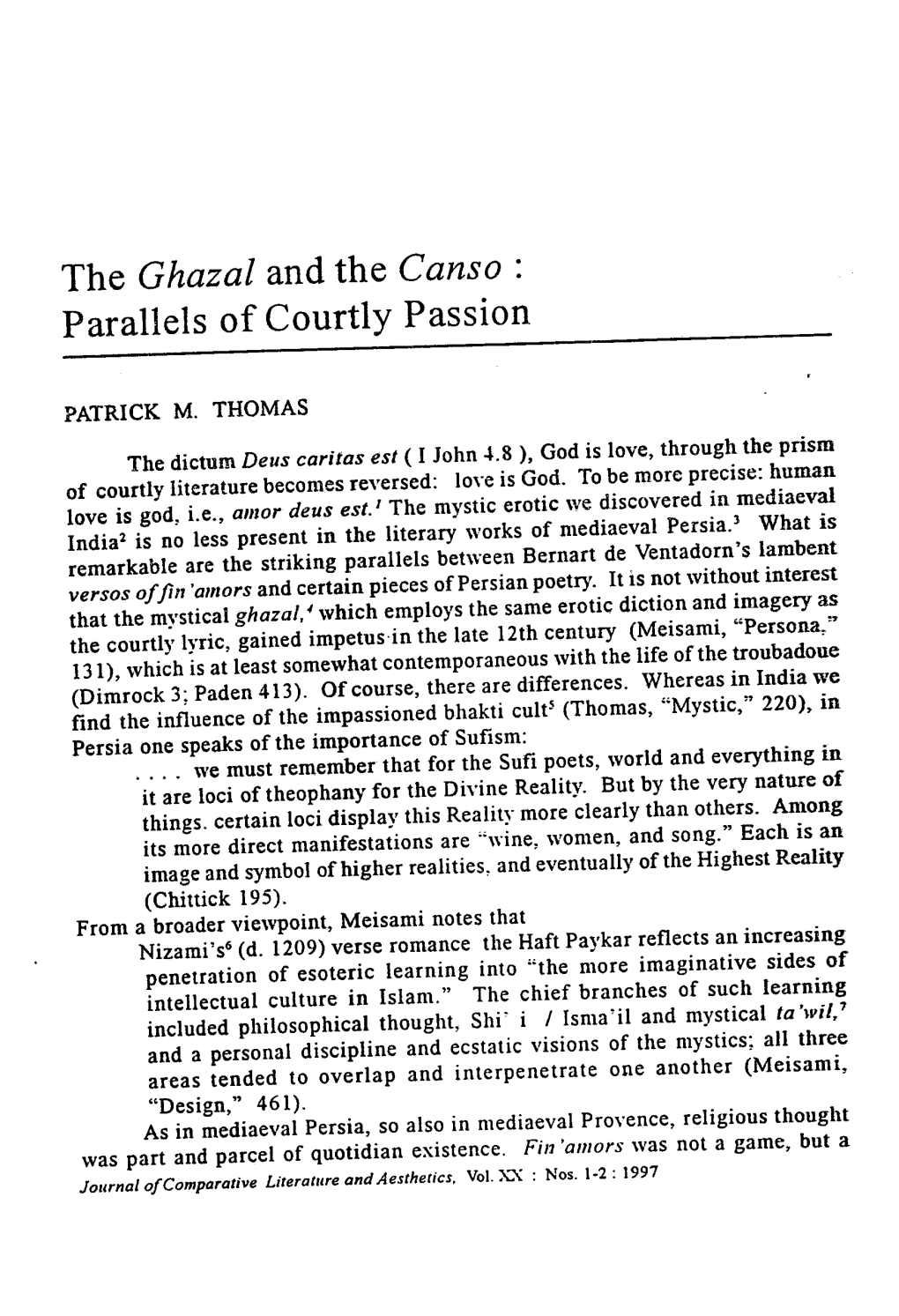 The Ghazal and the Canso: Parallels of Courtly Passion