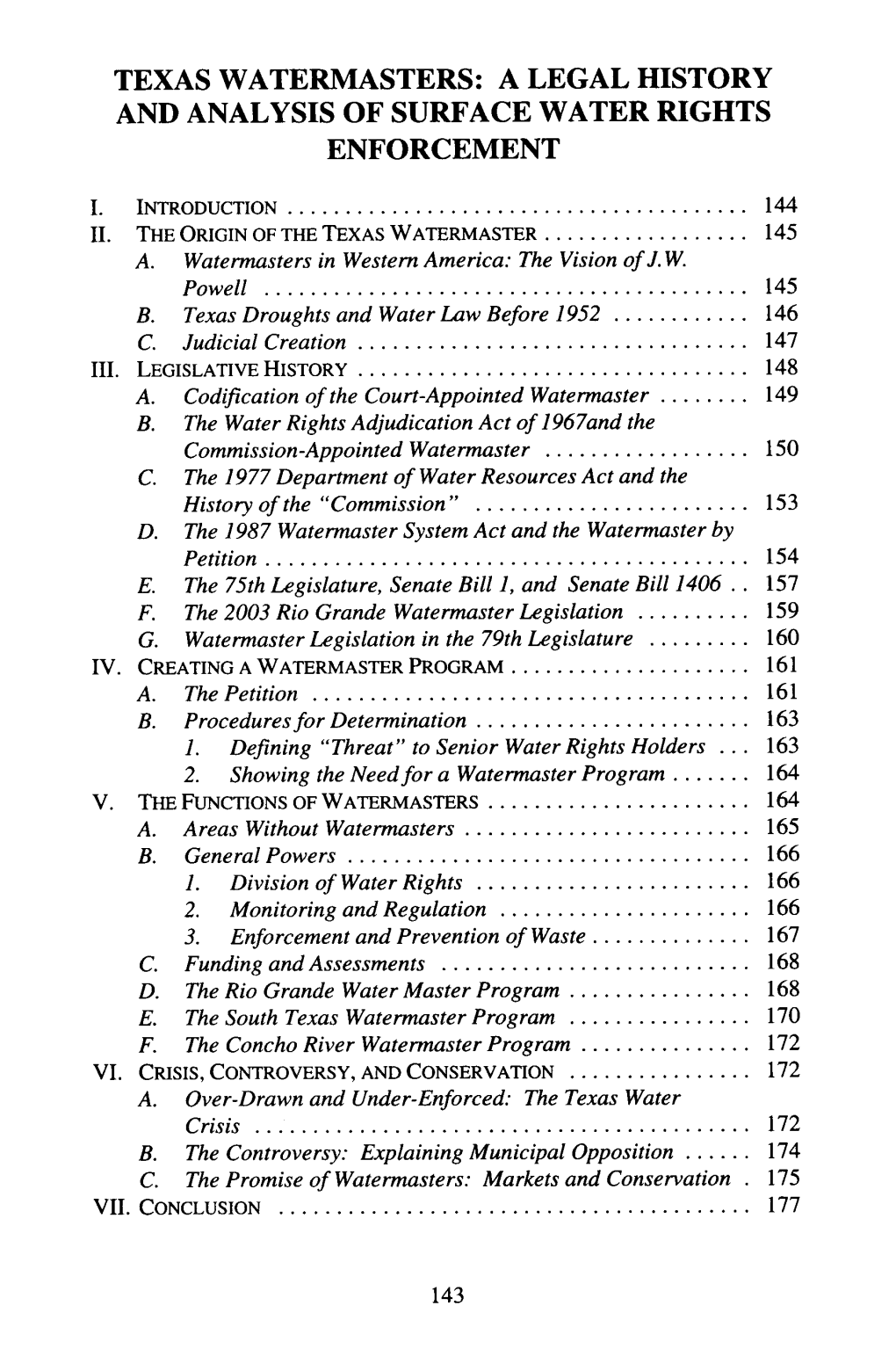 Texas Watermasters: a Legal History and Analysis of Surface Water Rights Enforcement