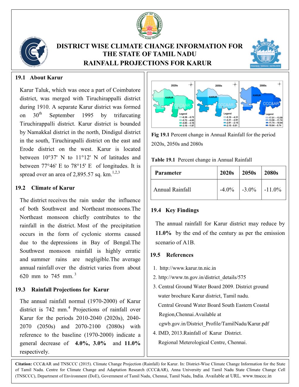 District Wise Climate Change Information for the State of Tamil Nadu Rainfall Projections for Karur