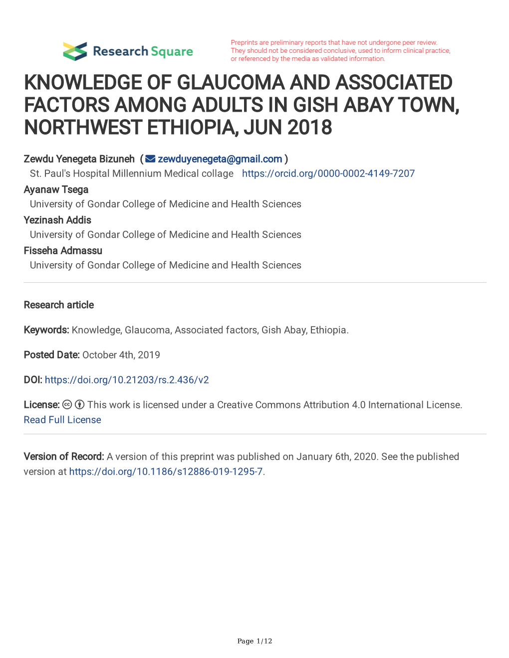 Knowledge of Glaucoma and Associated Factors Among Adults in Gish Abay Town, Northwest Ethiopia, Jun 2018