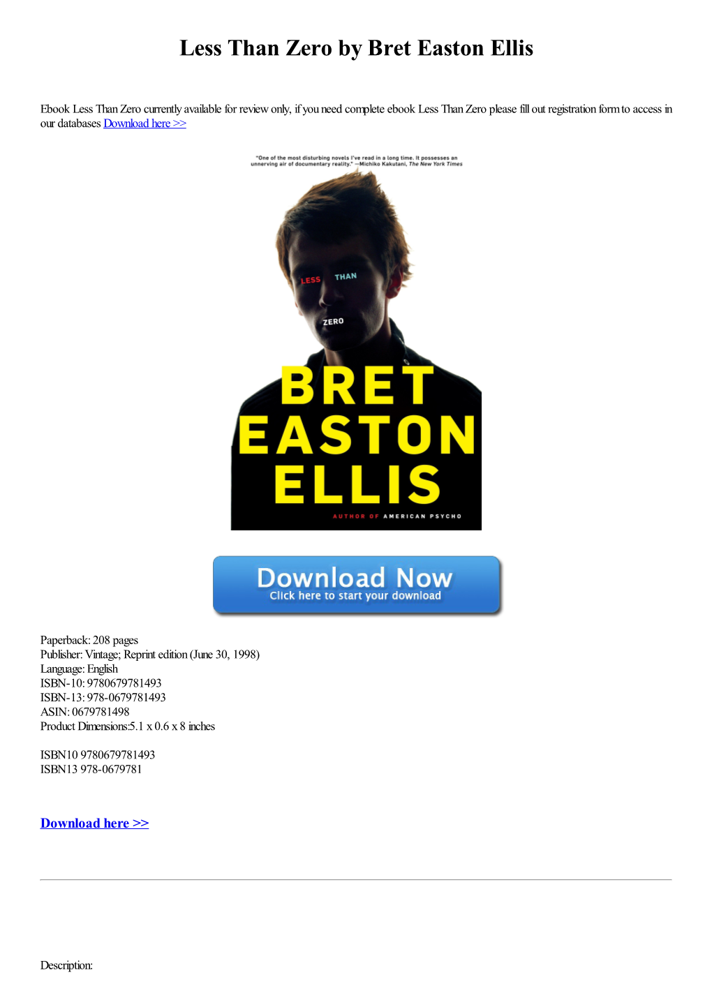 Download Less Than Zero by Bret Easton Ellis [PDF]