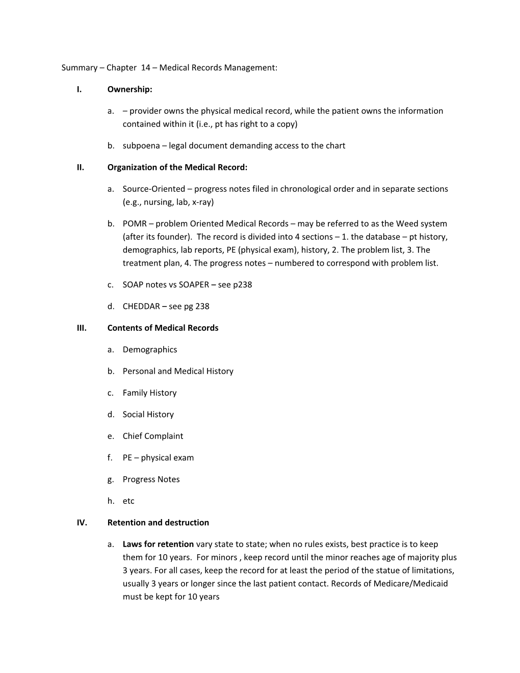 Summary Chapter 14 Medical Records Management