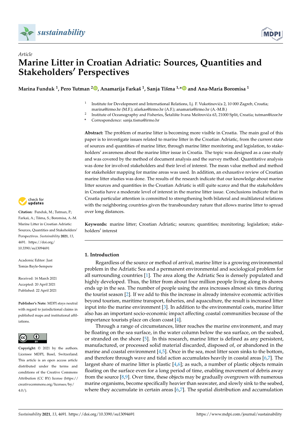 Marine Litter in Croatian Adriatic: Sources, Quantities and Stakeholders0 Perspectives