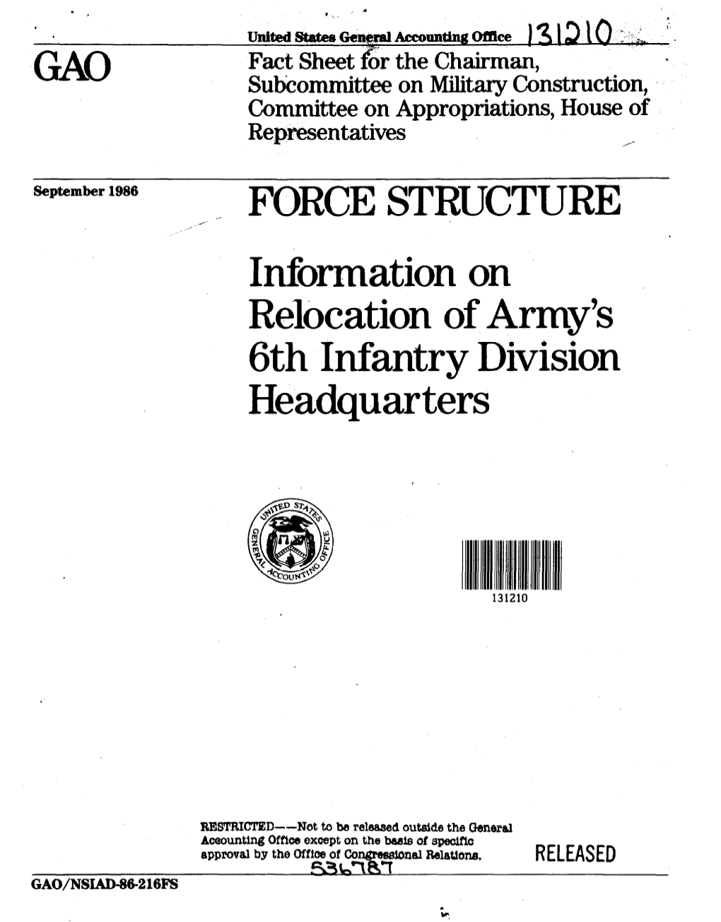 NSIAD-86-216FS Force Structure: Information on Relocation of Army's