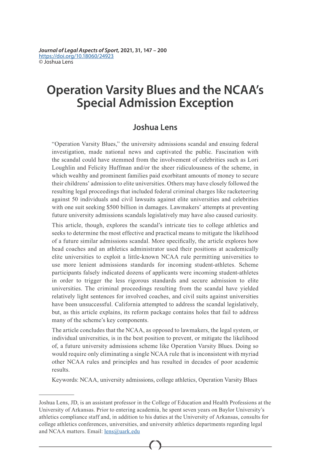 Operation Varsity Blues and the NCAA's Special Admission Exception