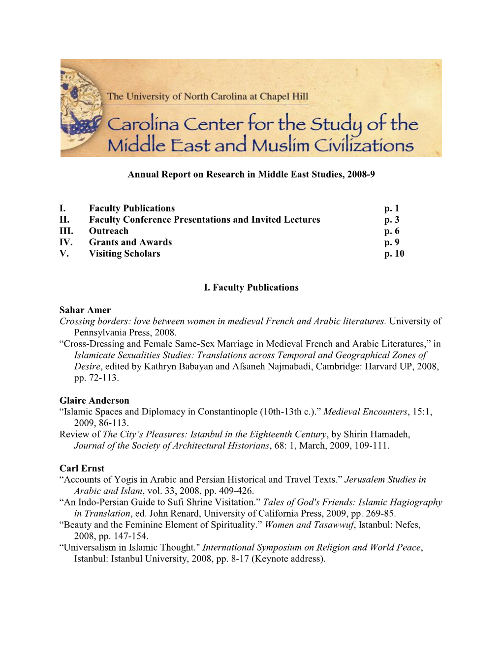 Annual Report on Research in Middle East Studies, 2008-9 I. Faculty