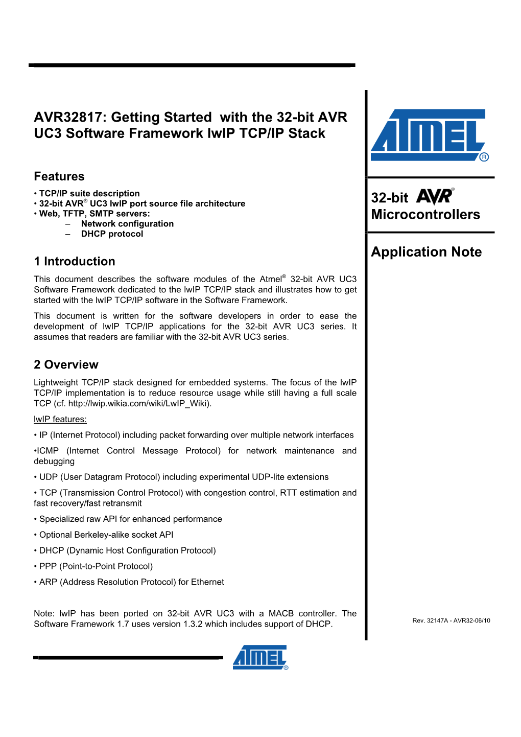 AVR32817: Getting Started with the 32-Bit AVR UC3 Software Framework Lwip TCP/IP Stack