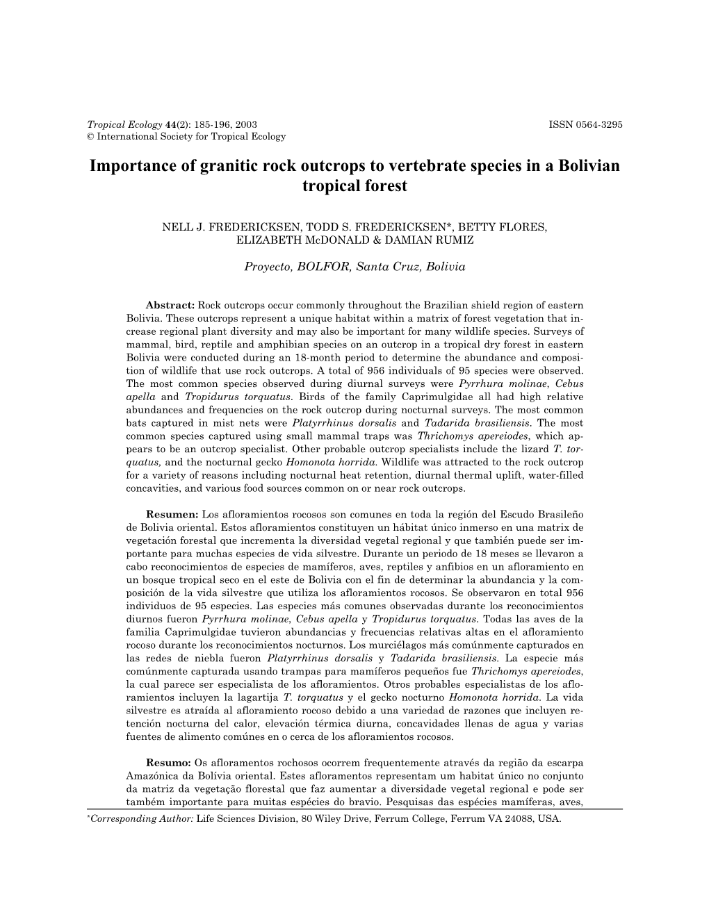 Importance of Granitic Rock Outcrops to Vertebrate Species in a Bolivian Tropical Forest