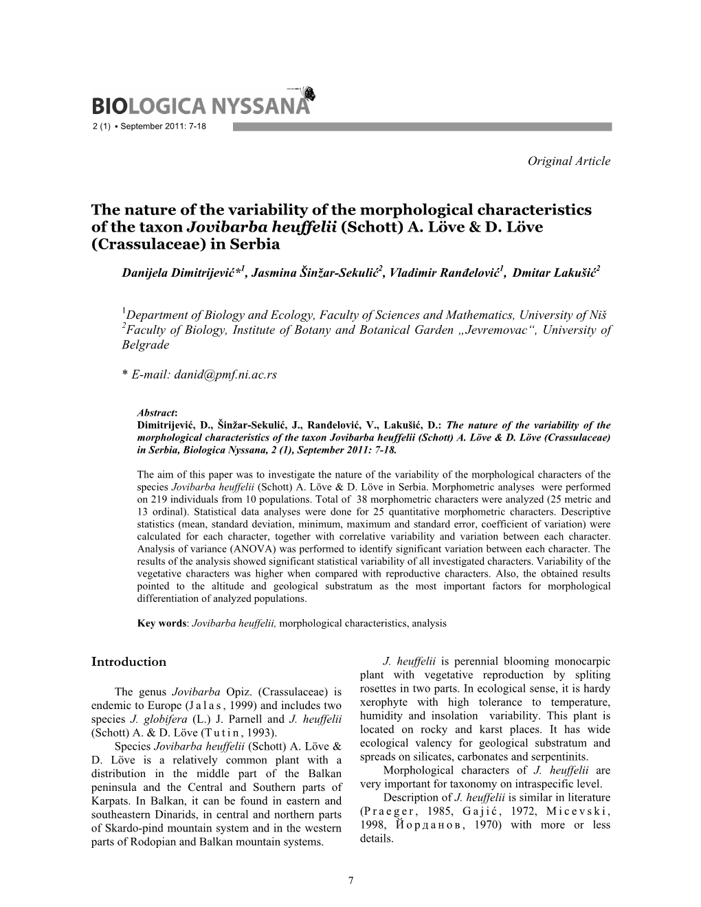 ! the Nature of the Variability of the Morphological Characteristics of the Taxon Jovibarba Heuffelii (Schott) A