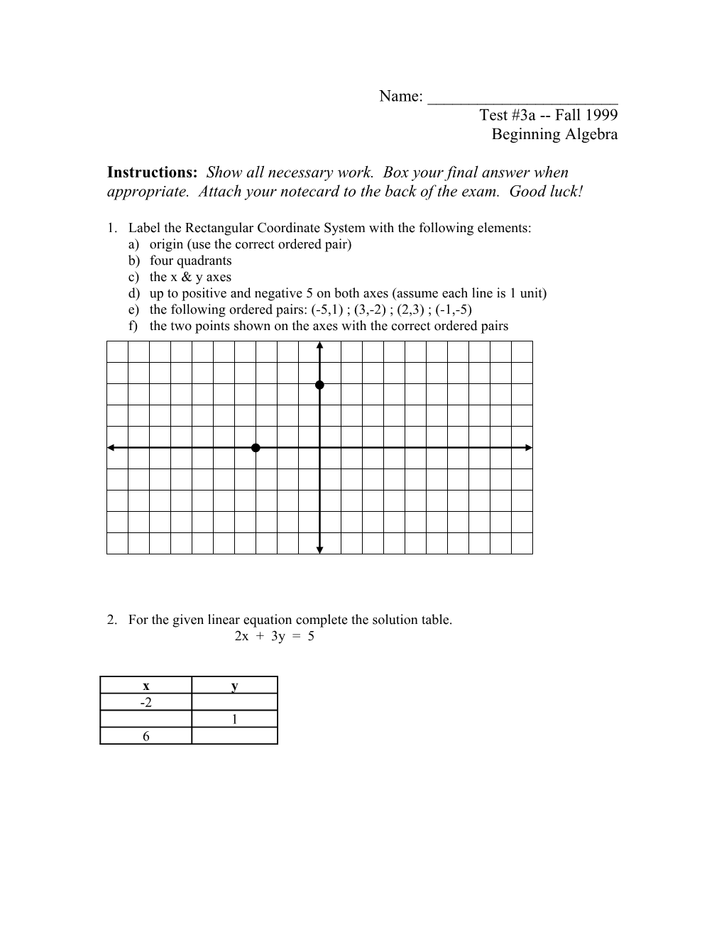 1. Label the Rectangular Coordinate System with the Following Elements