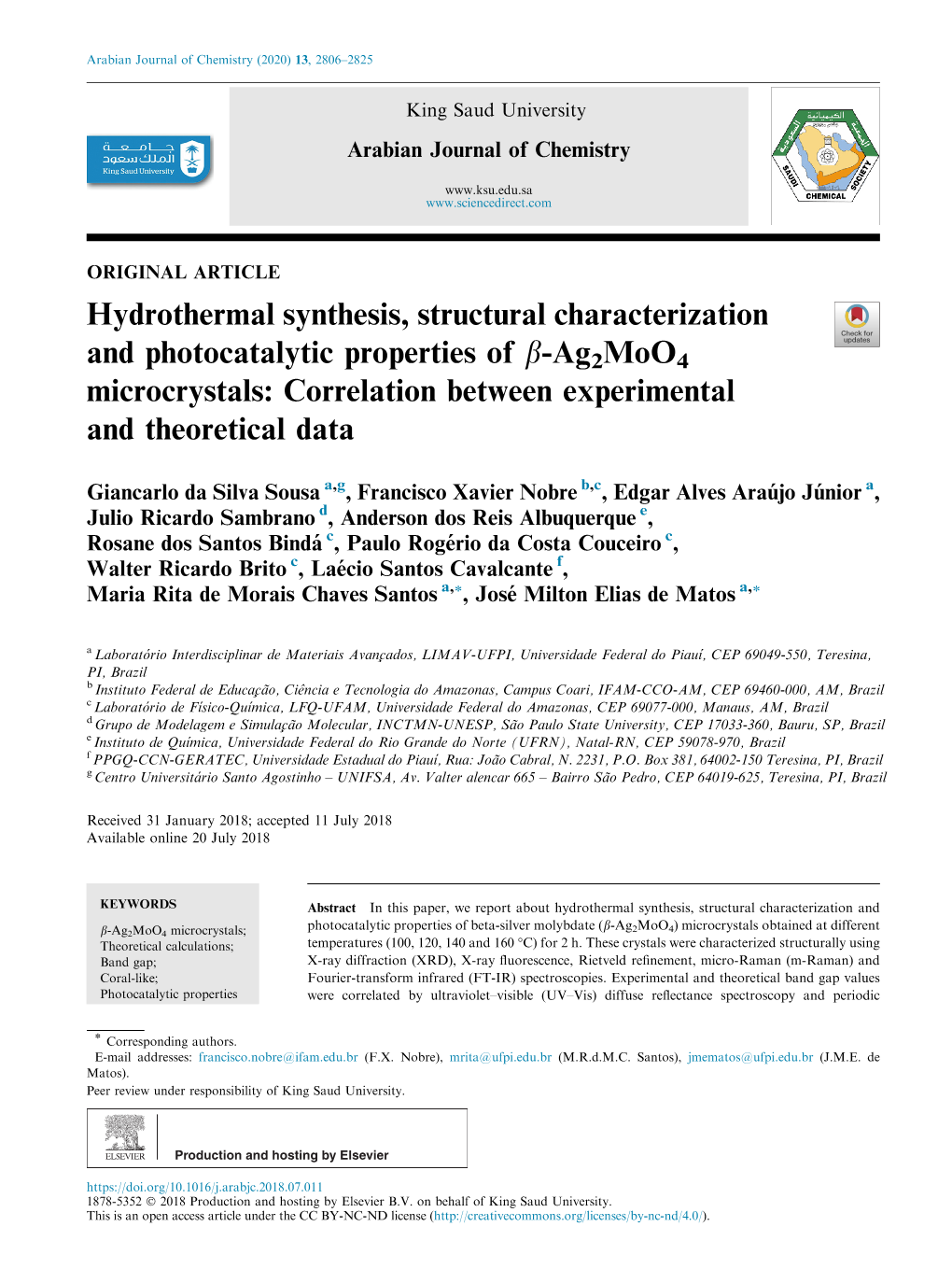 Hydrothermal Synthesis, Structural Characterization and Photocatalytic Properties of B-Ag2moo4 Microcrystals: Correlation Between Experimental and Theoretical Data