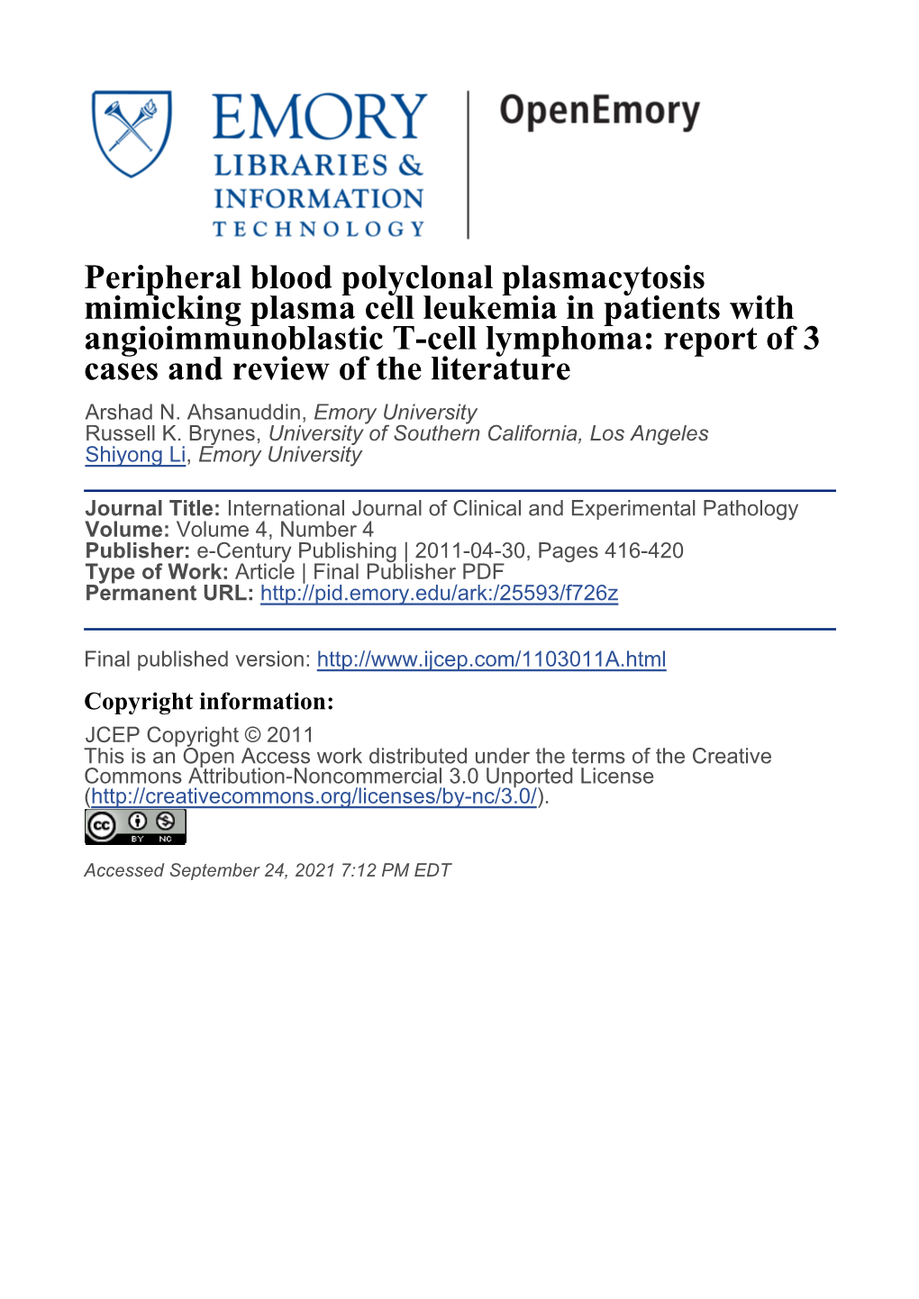 Peripheral Blood Polyclonal Plasmacytosis