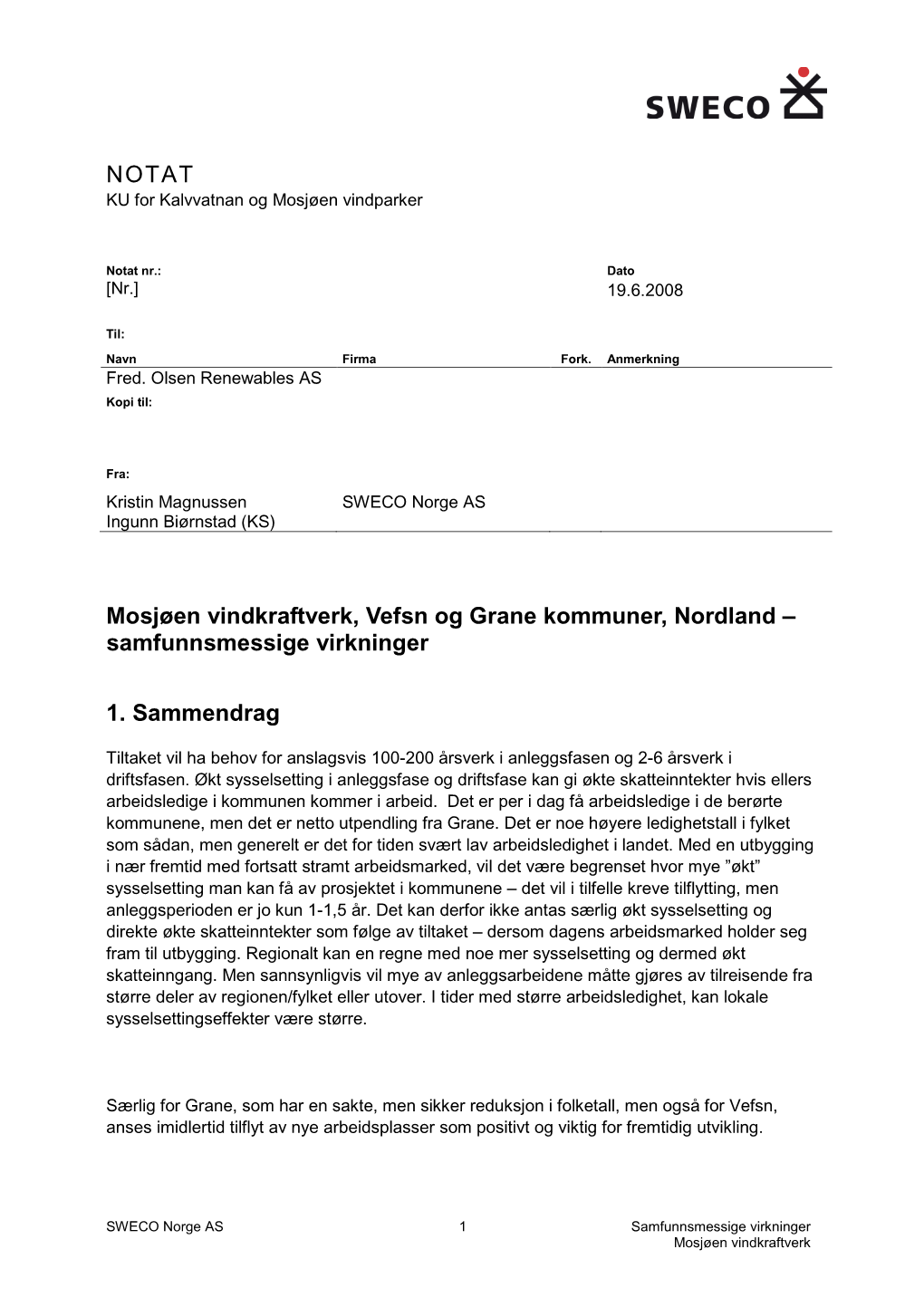 NOTAT Mosjøen Vindkraftverk, Vefsn Og Grane Kommuner, Nordland