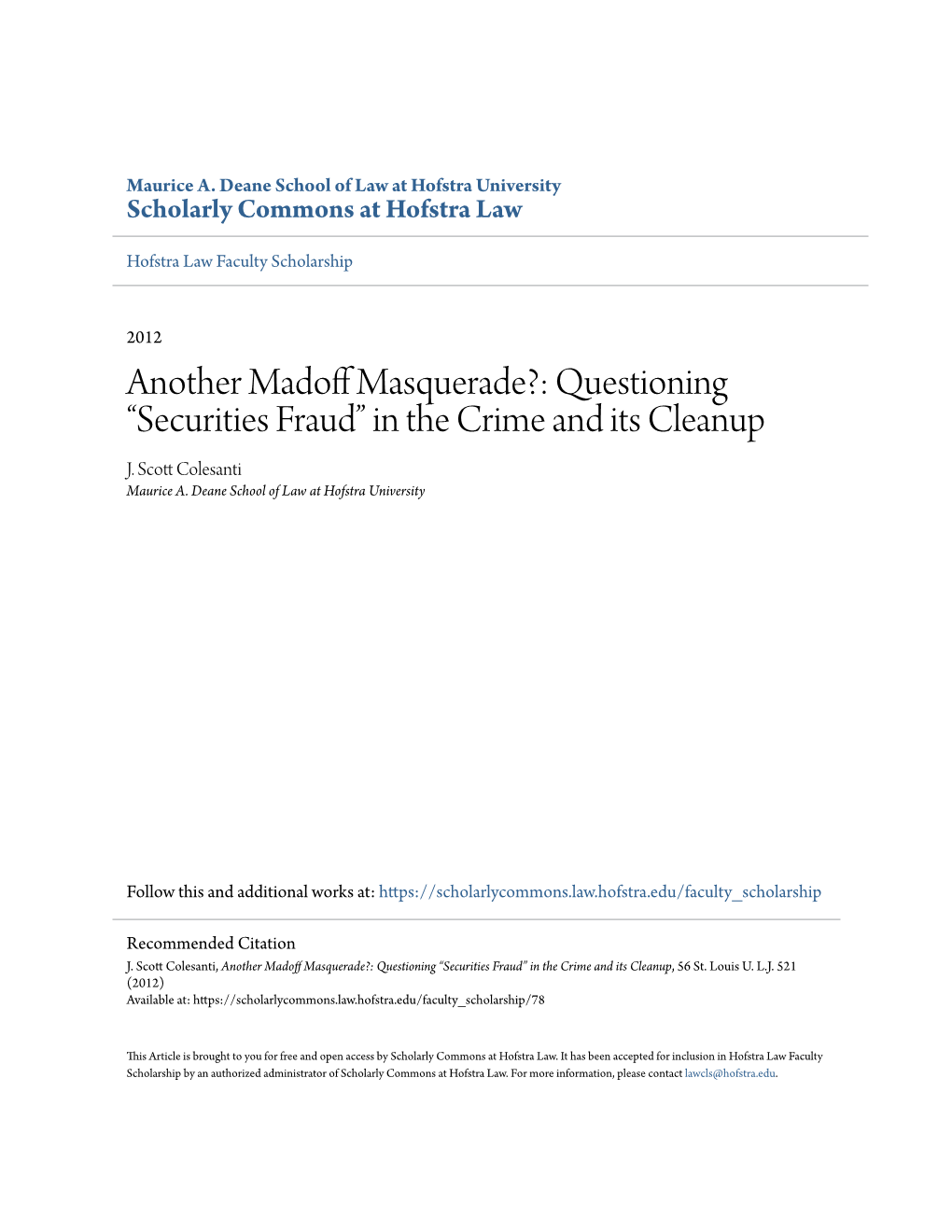 Another Madoff Masquerade?: Questioning “Securities Fraud”