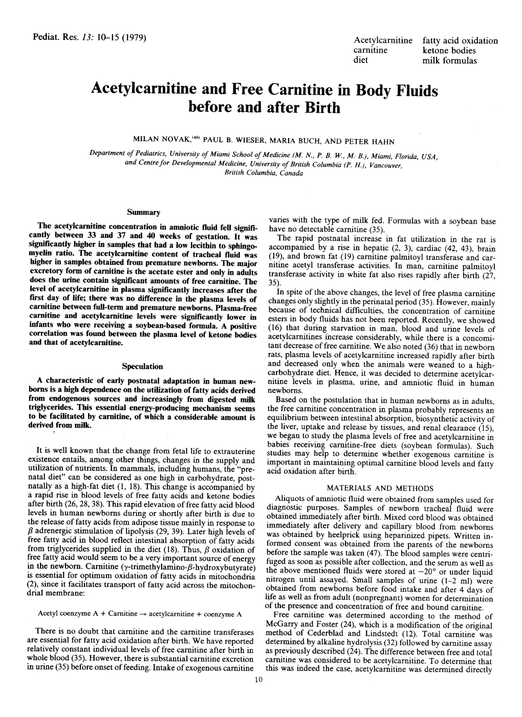 Acetylcarnitine and Free Carnitine in Body Fluids Before and After Birth