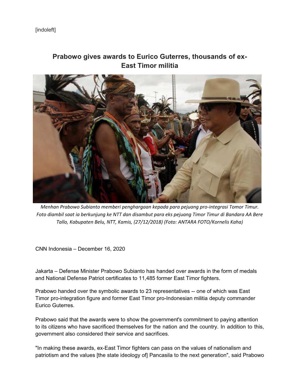 Prabowo Gives Awards to Eurico Guterres, Thousands of Ex- East Timor Militia