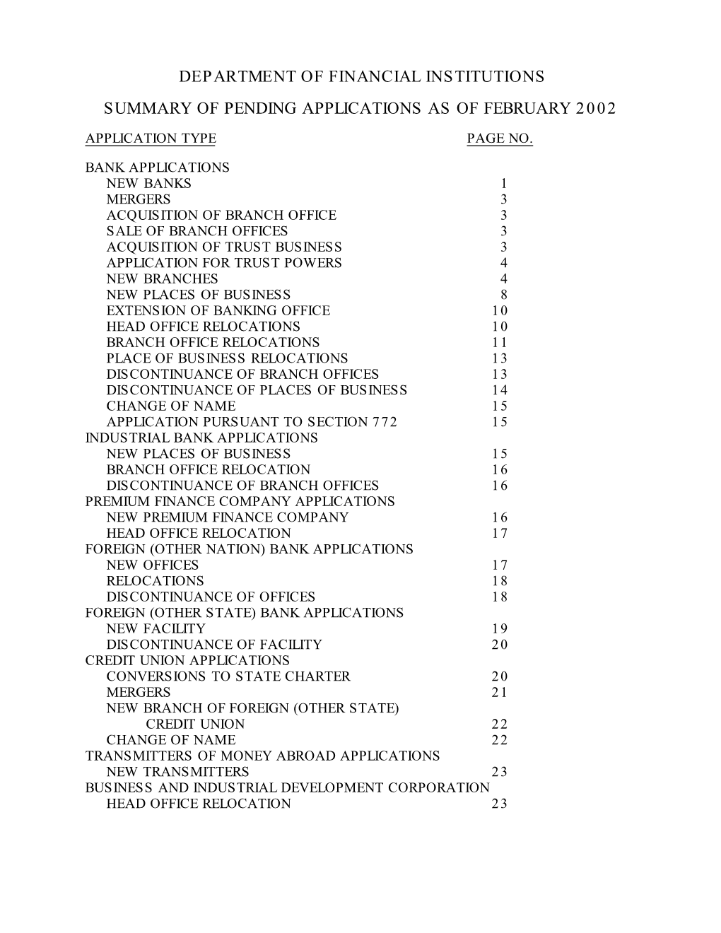 Department of Financial Institutions Summary of Pending Applications As of February 2002