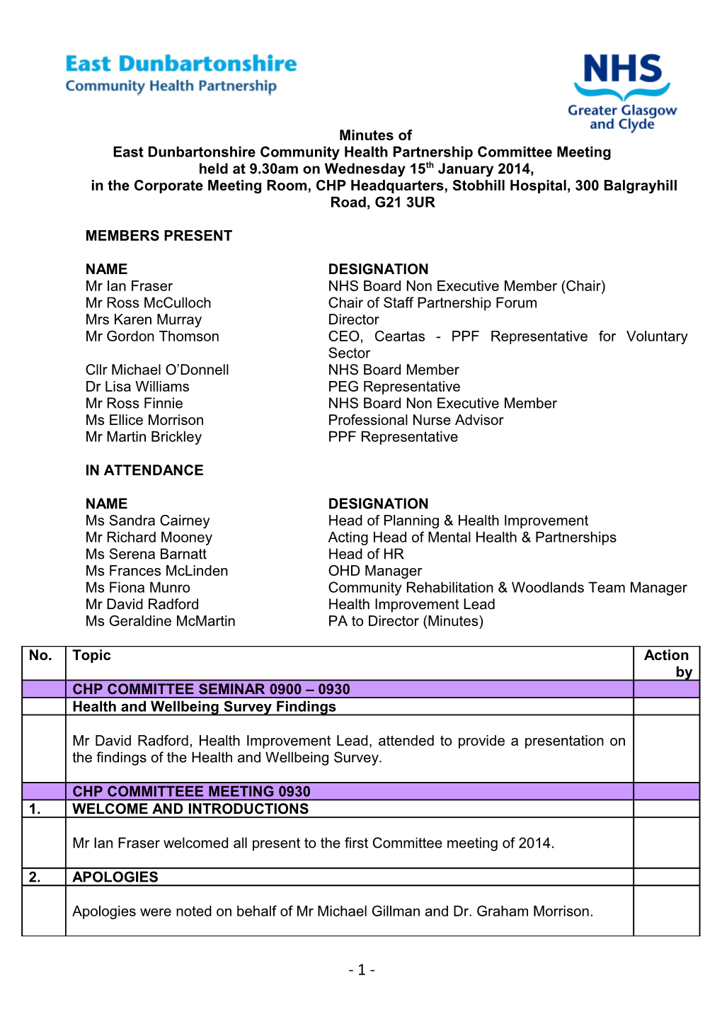 East Dunbartonshire Community Health Partnership Committee Meeting