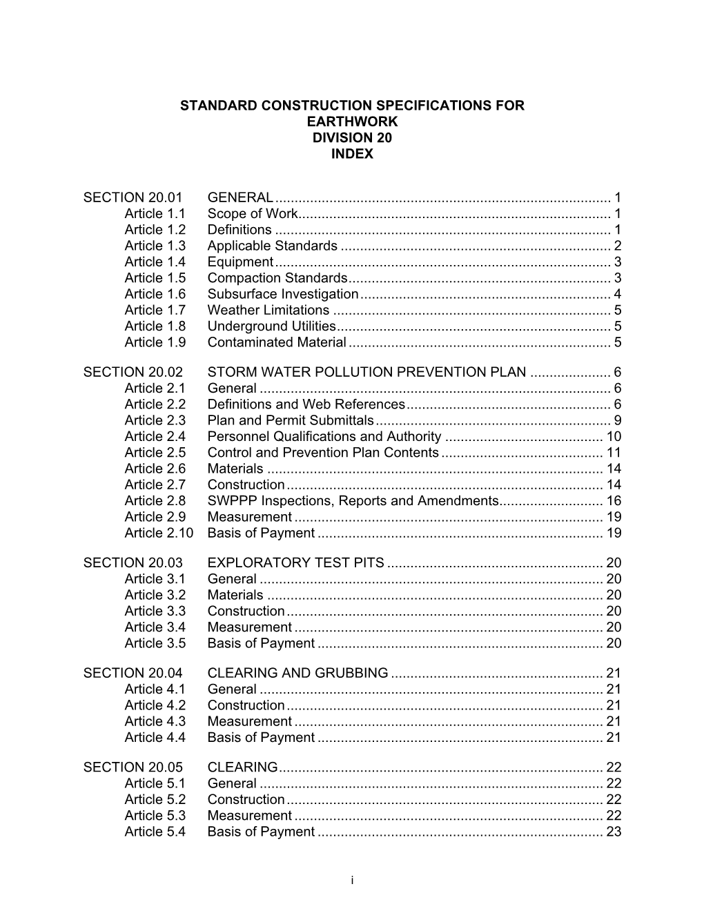 Standard Construction Specifications for Earthwork Division 20 Index