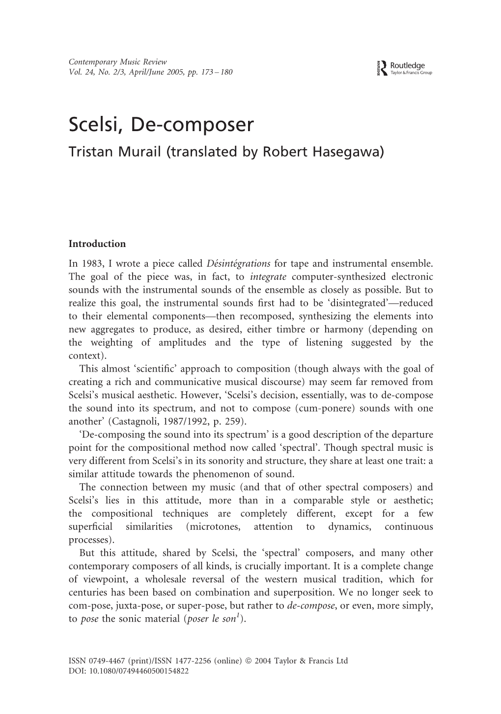 Scelsi, De-Composer Tristan Murail (Translated by Robert Hasegawa)