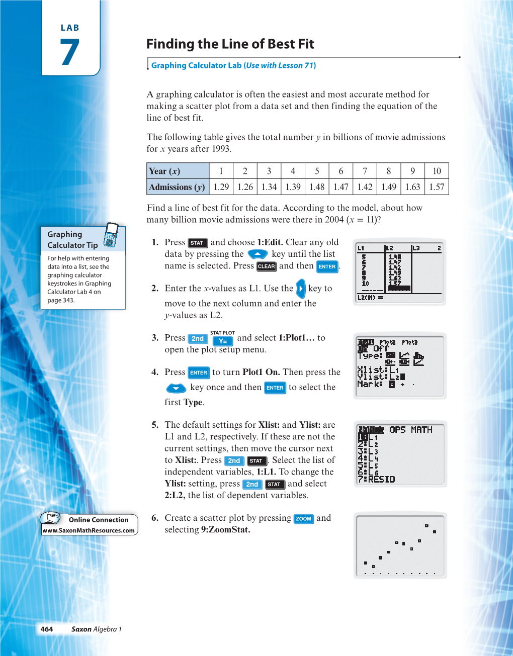 Finding the Line of Best Fit 7 Graphing Calculator Lab (Use with Lesson 71)