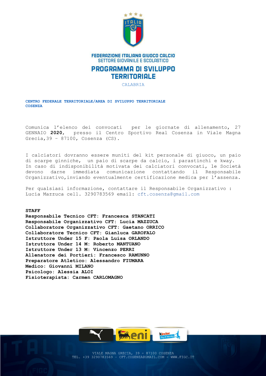 Comunica L'elenco Dei Convocati Per Le Giornate Di Allenamento, 27