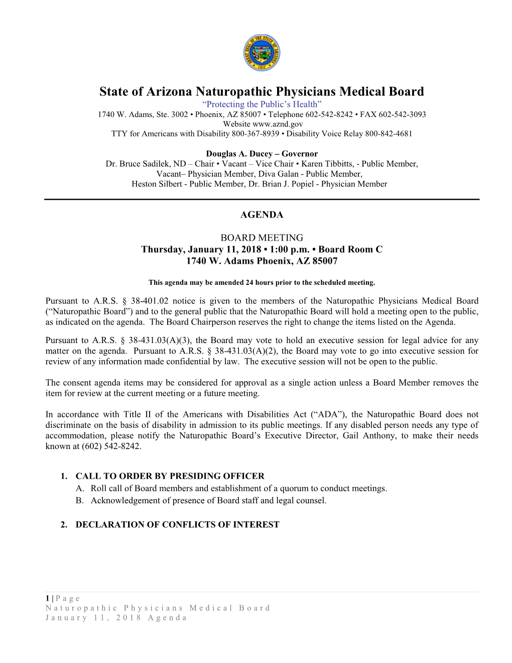 State of Arizona Naturopathic Physicians Medical Board “Protecting the Public’S Health” 1740 W