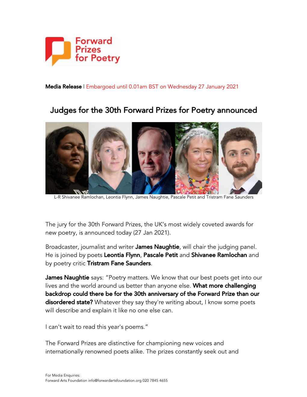 Judges for the 30Th Forward Prizes for Poetry Announced