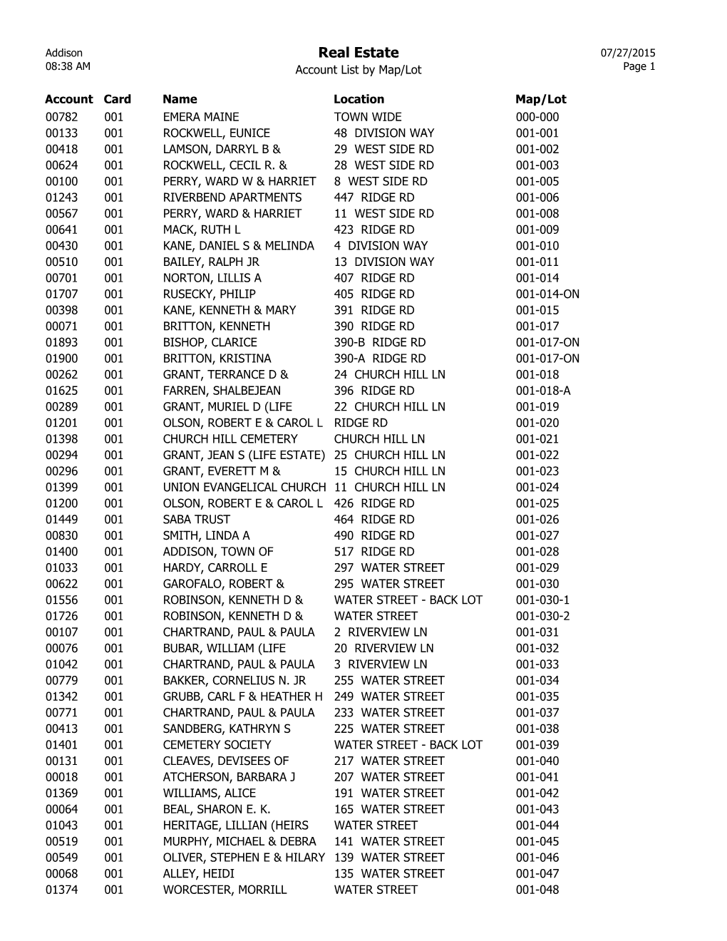 Real Estate 07/27/2015 08:38 AM Account List by Map/Lot Page 1