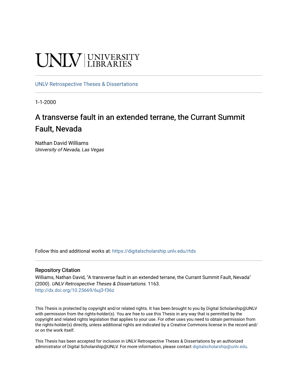 A Transverse Fault in an Extended Terrane, the Currant Summit Fault, Nevada