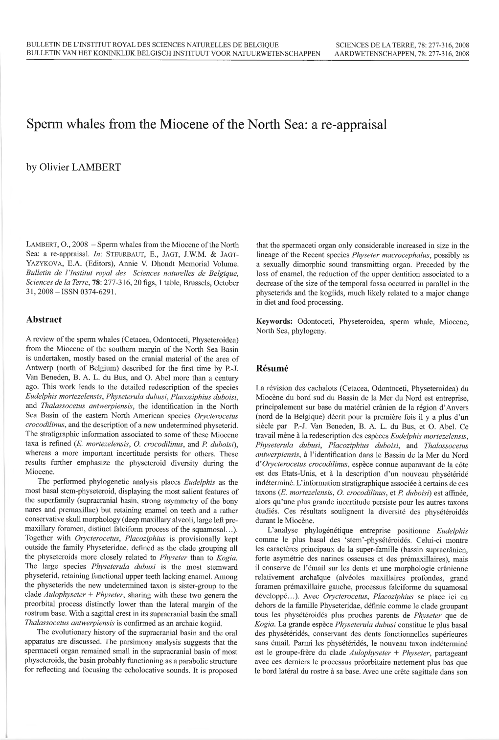 Sperm Whales from the Miocene of the a Re-Appraisal