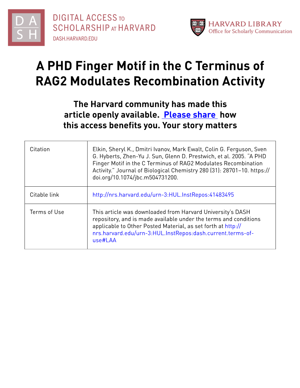 A PHD Finger Motif in the C Terminus of RAG2 Modulates Recombination Activity