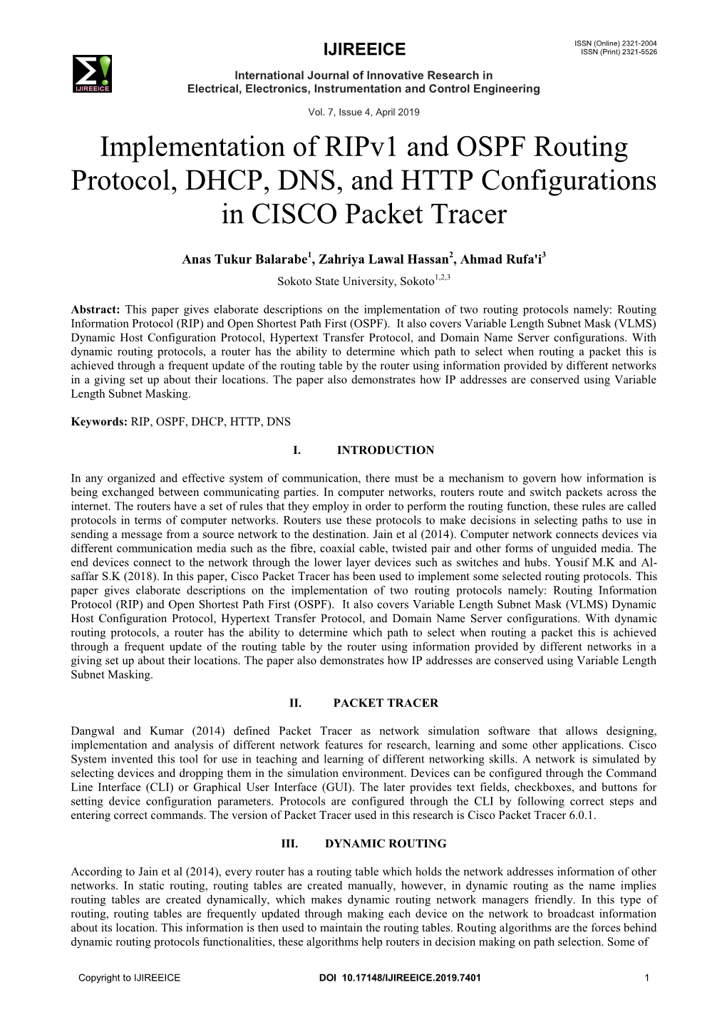 Implementation of Ripv1 and OSPF Routing Protocol, DHCP, DNS, and HTTP Configurations in CISCO Packet Tracer