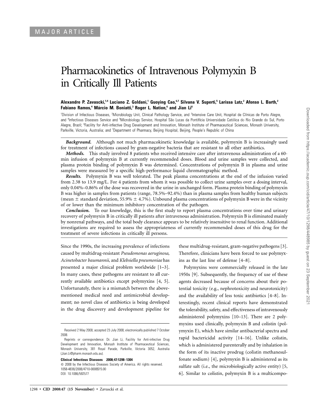 Pharmacokinetics of Intravenous Polymyxin B in Critically Ill Patients