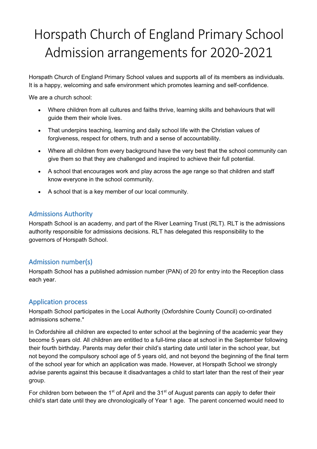 Horspath Church of England Primary School Admission Arrangements for 2020-2021